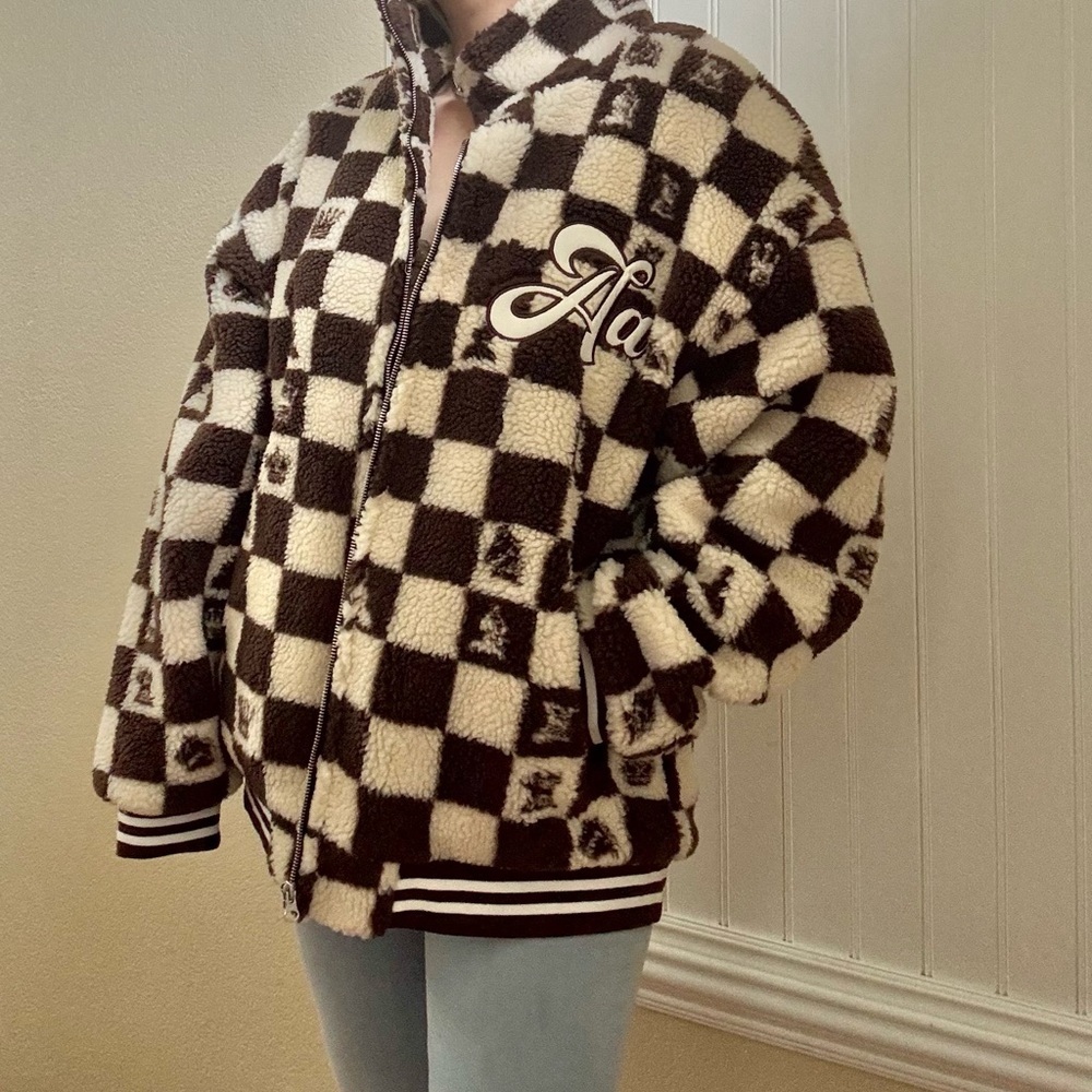 New Brown and Cream Checkered Fleece Jacket - Picture 7 of 9